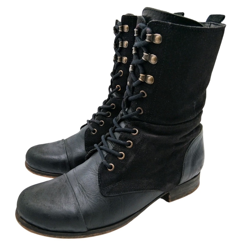 Diesel Boots Womens Size 8.5 Black Leather Combat Mid Calf Lace Up Zip Cap Toe
